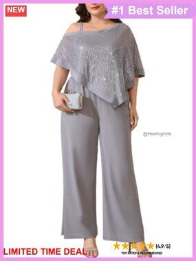 Plus Size Sequin Formal Pant Suit 2 Piece Asymmetric Cape Set Pockets